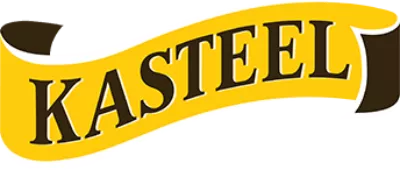 Logo van Kasteel, een Belgisch biermerk gebrouwen door Kasteel Brouwerij Vanhonsebrouck, met de merknaam “KASTEEL” in zwarte hoofdletters op een gele wimpel.