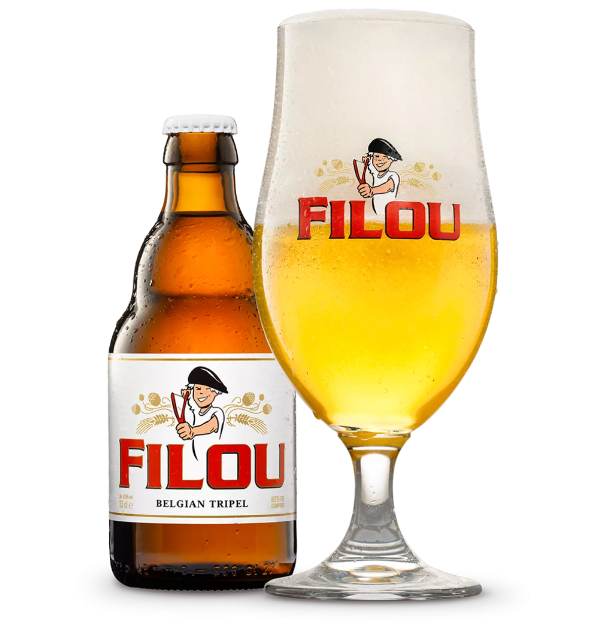 Filou Belgian Tripel bierfles van 33 cl met ernaast een gevuld glas Filou in een langwerpig glas met een lange tulpvorm. Op het glas staat het bierlogo van Filou.