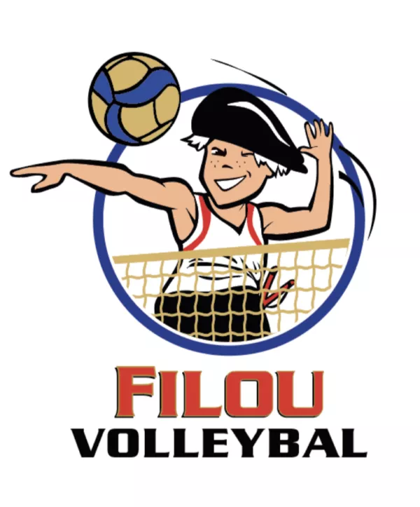 Logo van Filou volleybal met Filou mannetje met zwarte hoed en witte haren die een volleybal over een net smasht, geplaatst in een blauwe cirkel; onderaan staat 'FILOU' in rode hoofdletters en 'VOLLEYBAL' in zwarte hoofdletters - visuele merkidentiteit van Filou bier in volleycontext.