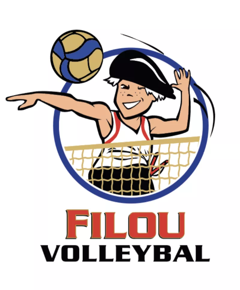 Logo van Filou volleybal met Filou mannetje met zwarte hoed en witte haren die een volleybal over een net smasht, geplaatst in een blauwe cirkel; onderaan staat 'FILOU' in rode hoofdletters en 'VOLLEYBAL' in zwarte hoofdletters - visuele merkidentiteit van Filou bier in volleycontext.