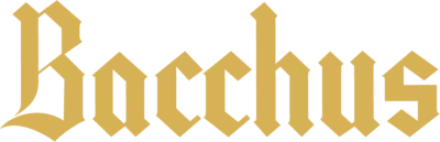Logo van het biermerk Bacchus, gebrouwen door de Belgische brouwerij Kasteel Brouwerij Vanhonsebrouck uit Izegem, in gotisch lettertype met goudkleurige letters op een witte achtergrond.