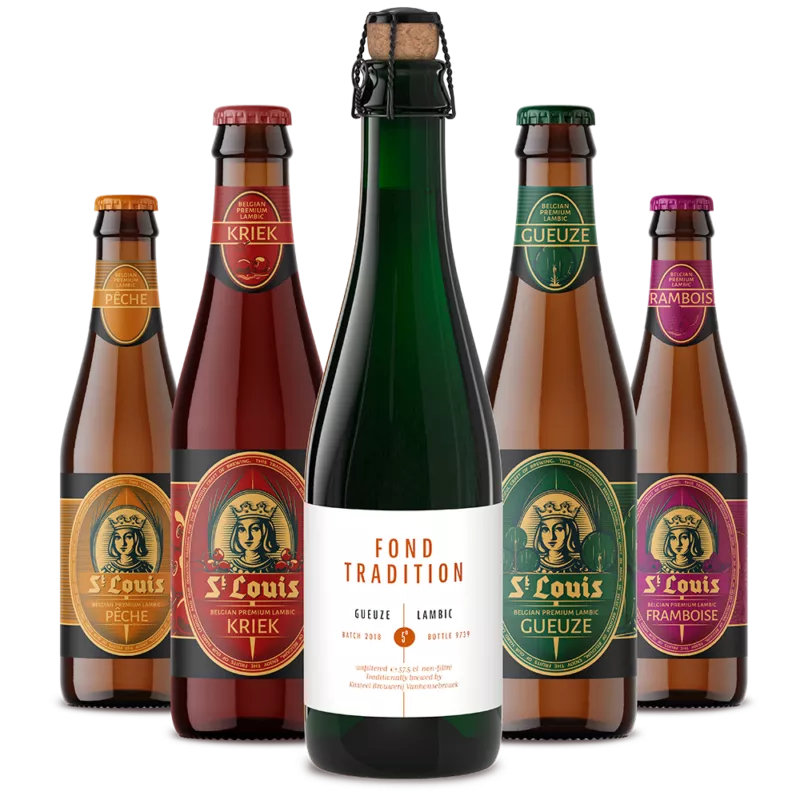 Het St-Louis lambiekbieren- en gueuzebieren assortiment van Kasteel Brouwerij Vanhonsebrouck bestaat uit (v.l.n.r.): St-Louis Premium Pêche, St-Louis Premium Kriek, St-Louis Fond Tradition, St-Louis Premium Gueuze en St-Louis Premium Framboise.