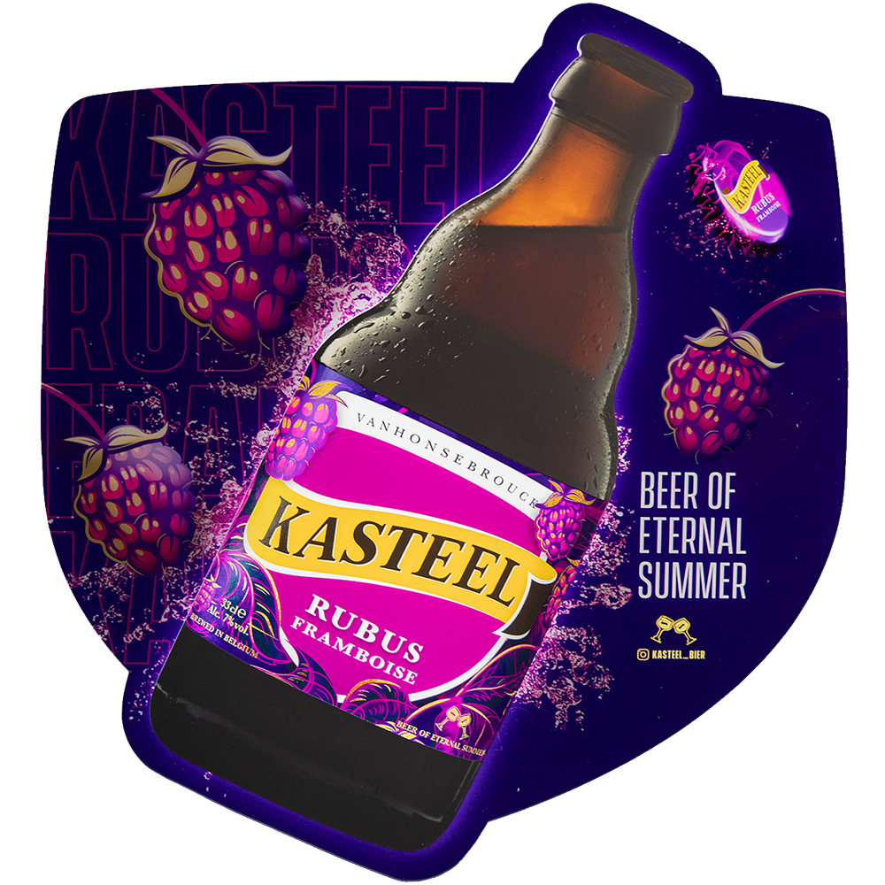 Paars ledsign van Kasteel Rubus Framboise met een 33 cl fles Kasteel Rubus Framboise en de tekst 'Beer of Eternal Summer'.