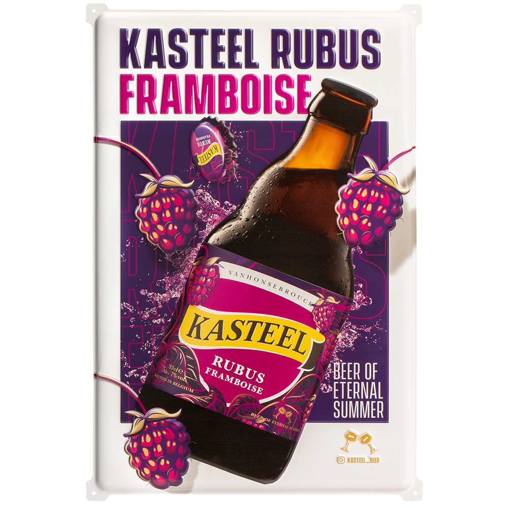Kasteel Rubus Framboise wandbord gemaakt van aluminium met 33 cl fles Kasteel Rubus Framboise en tekst 'Beer of Eternal Summer' op.