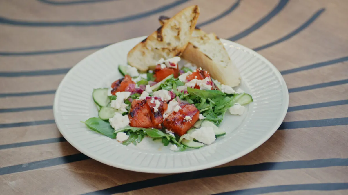 Watermelon salad with Kasteel Rouge 0.0
